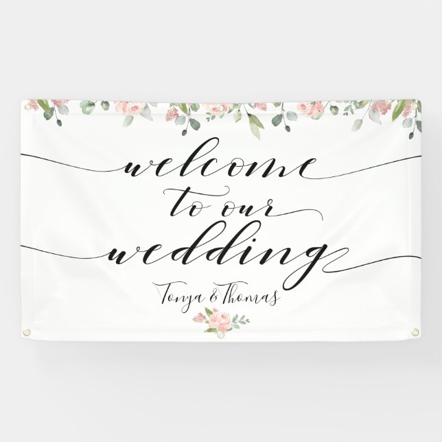 Banderoles Verdure et rose pâle Calligraphie noire Bienvenue (Horizontal)