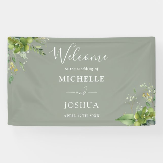 Banderoles Verdure Floral Sage Vert Mariage Bienvenue (Horizontal)