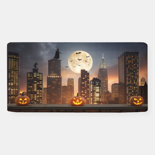 Banderoles ville nocturne d'Halloween pooky avec Citrouille (Horizontal)