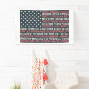 Banderoles Vintage Faded American Flag State Noms Mots Art
