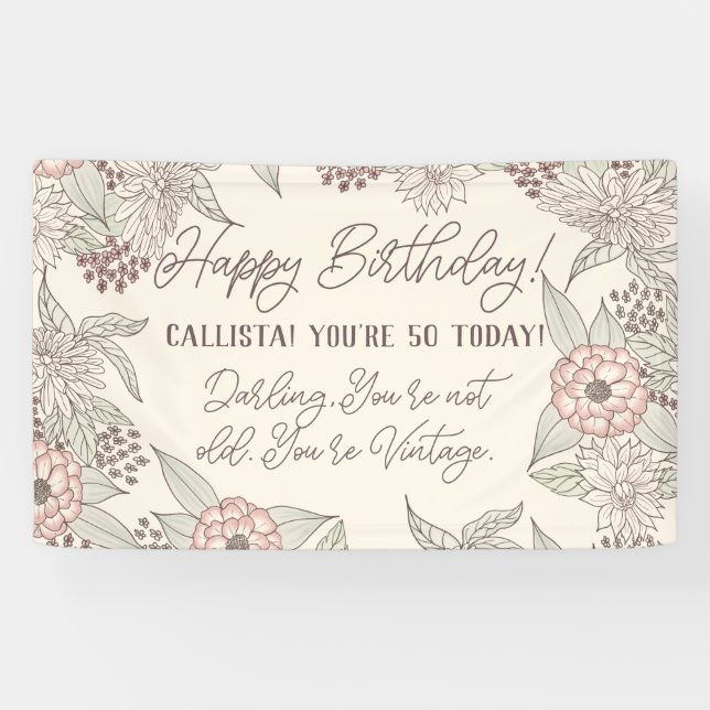 Banderoles Vintage Funny Pink Ivory Floral Anniversaire (Horizontal)