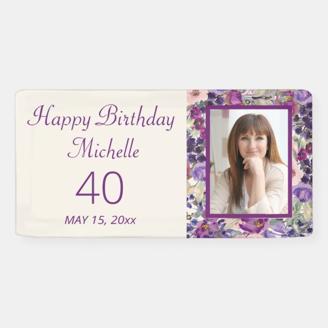 Banderoles Violet rose rose rose florale Anniversaire Bienven (Horizontal)