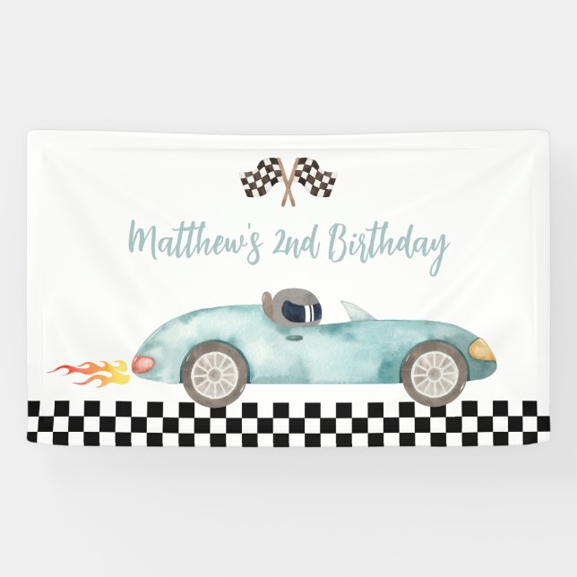 Banderoles Voiture de course bleue moderne Anniversaire (Horizontal)