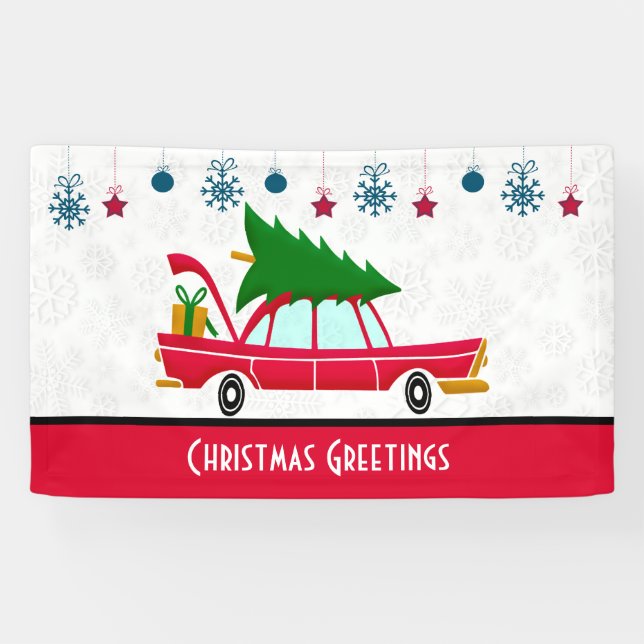 Banderoles Voiture rouge rétro portant un arbre de Noël (Horizontal)