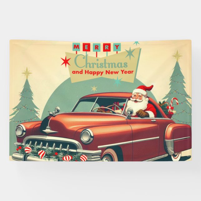 Banderoles Voiture rouge vintage & Père Noël (Horizontal)