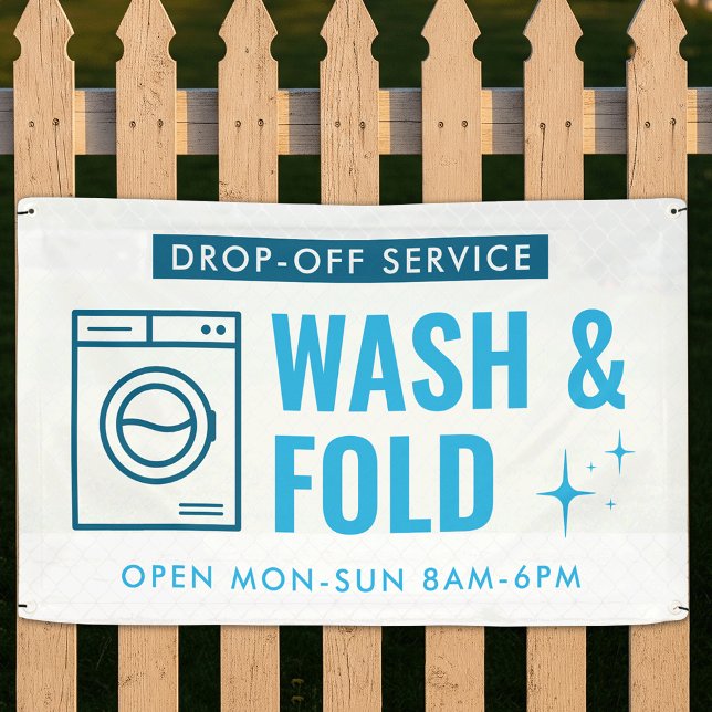 Banderoles Wash & Fold Service Laundry Dry Cleaner Blue White (Créateur téléchargé)