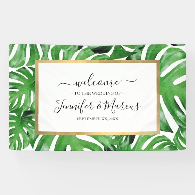 Banderoles Watercolor Tropical Monstera Feuille Motif événeme (Horizontal)