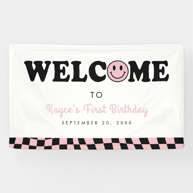 Banderoles Wavy Pink Preppy Smile Girl 1er anniversaire Bienv (Horizontal)