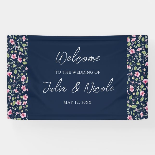 Banderoles Wedding shower en fleur d'Hibiscus rose bleu marin (Horizontal)