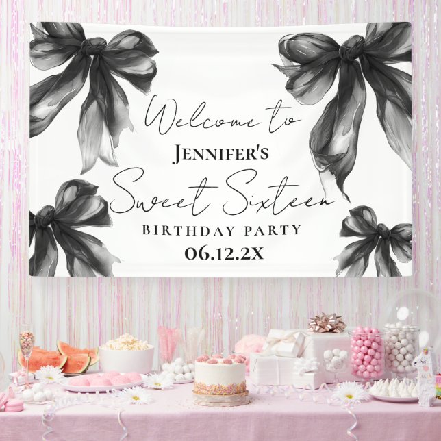 Banderoles Welcome Black Bow Coquette Script Sweet 16  (Fête)