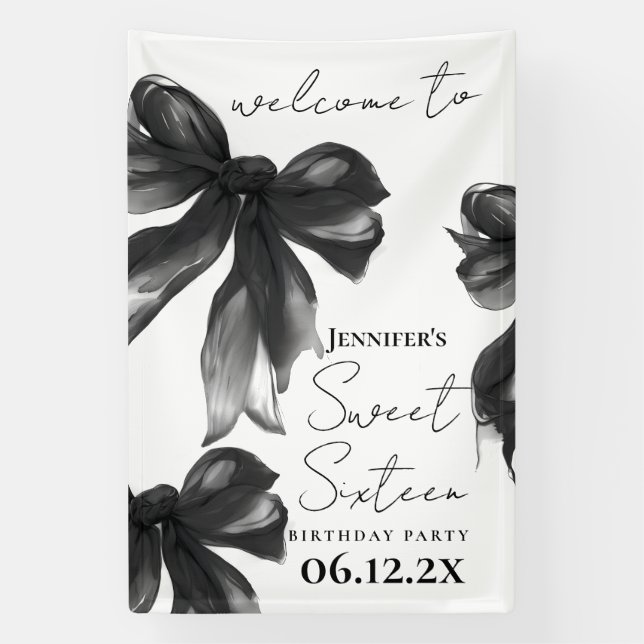 Banderoles Welcome Black Bow Coquette Script Sweet 16 Party (Verticale)