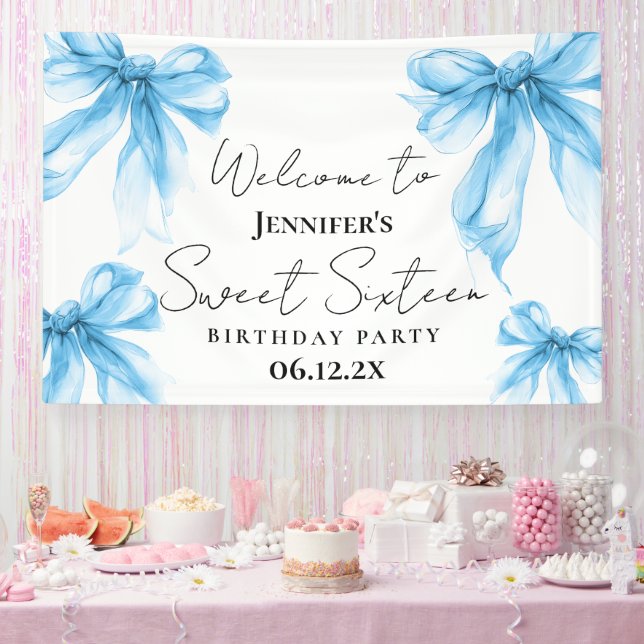 Banderoles Welcome Blue Bow Coquette Script Sweet 16  (Fête)