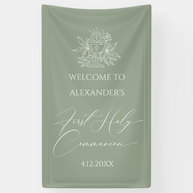 Banderoles WELCOME FIRST COMMUNION banner custom Sage (Vertical)