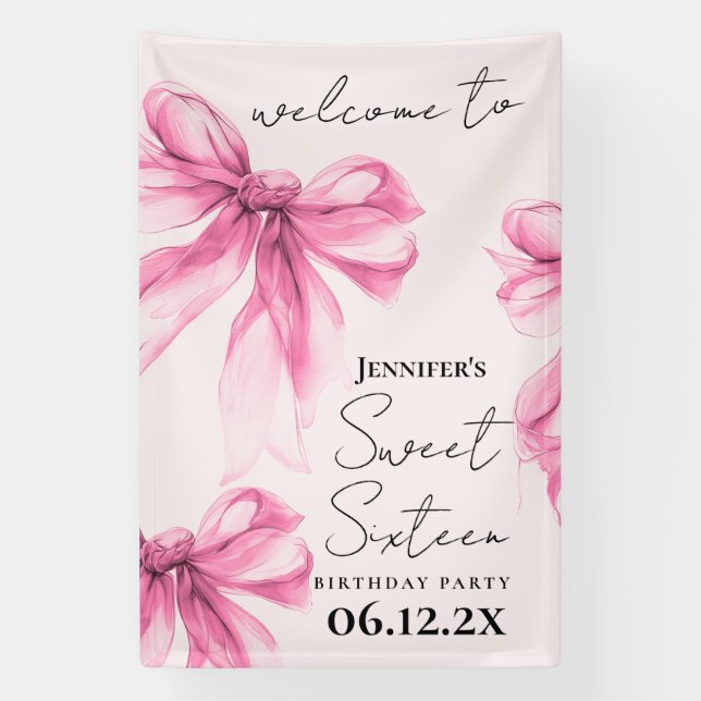 Banderoles Welcome Pink Bow Coquette Script Sweet 16 Blush  (Verticale)