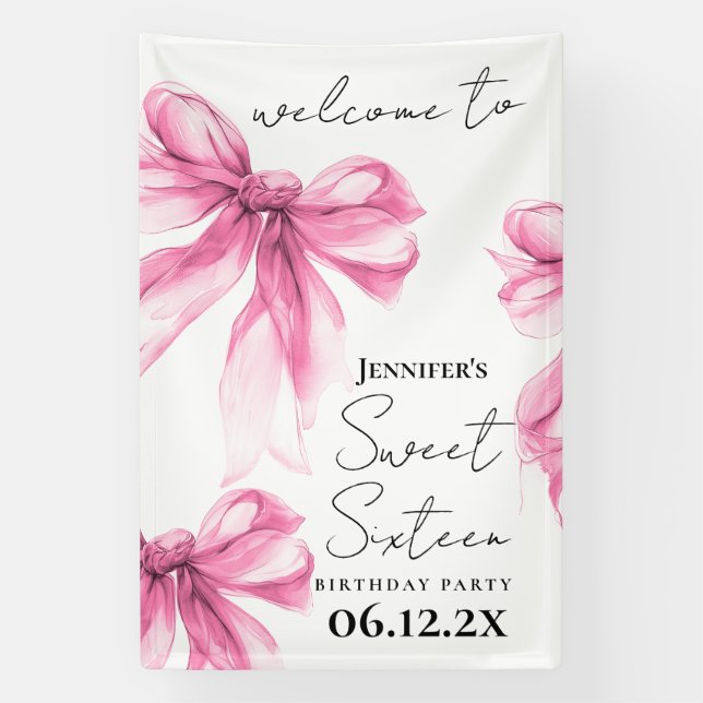 Banderoles Welcome Pink Bow Coquette Script Sweet 16 Party (Verticale)