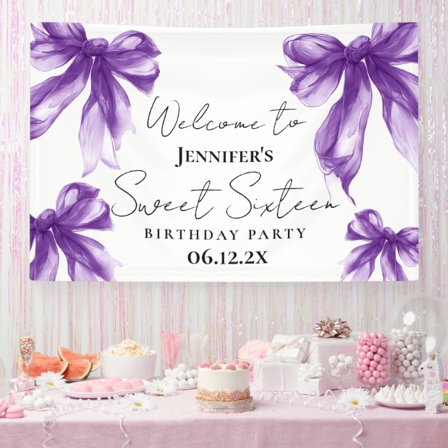 Banderoles Welcome Purple Bow Coquette Script Sweet 16  (Fête)