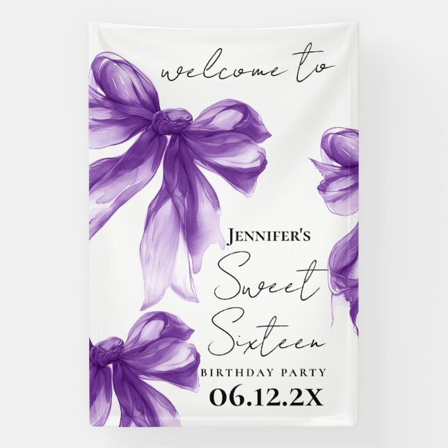 Banderoles Welcome Purple Bow Coquette Script Sweet 16  (Verticale)