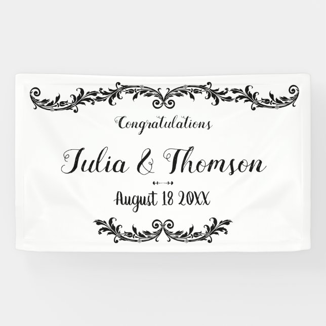 Banderoles White Black Elegant Chic Damask Swirl Événement (Horizontal)