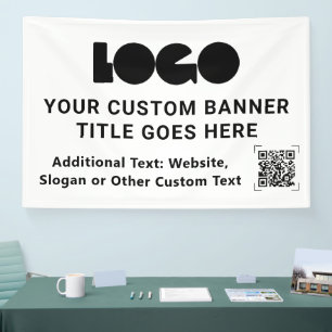 Banderoles White Business Logo Company QR Promo Custom 4'x6'