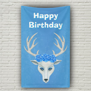 Banderoles White Deer Head Large Antlers Blue Roses Anniversa