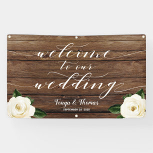 Banderoles White Peony Calligraphy Wood Welcome Notre Mariage