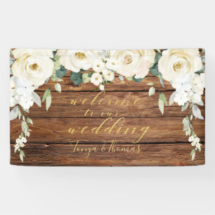 Banderoles White Peony Gold Calligraphie Bois Bienvenue