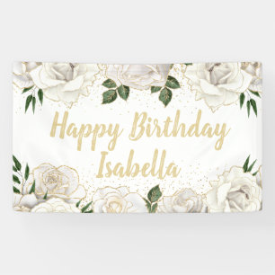 Banderoles White Roses Gold Parties scintillant Joyeux Annive
