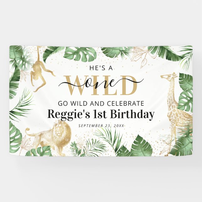 Banderoles Wild One Jungle Safari Vert & Or 1er anniversaire (Horizontal)