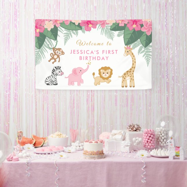 Banderoles Wild ONE - Pink Safari Girl's premier anniversaire (Fête)