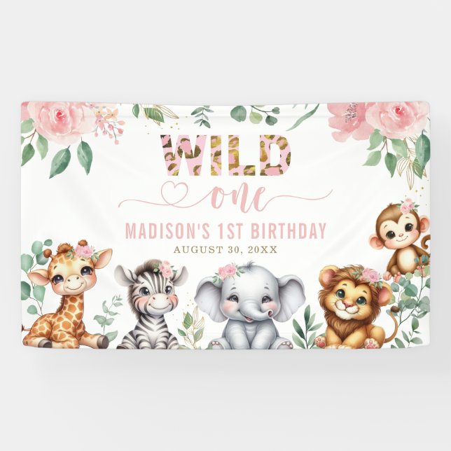 Banderoles Wild One Safari Animal Blush Floral 1er anniversai (Horizontal)