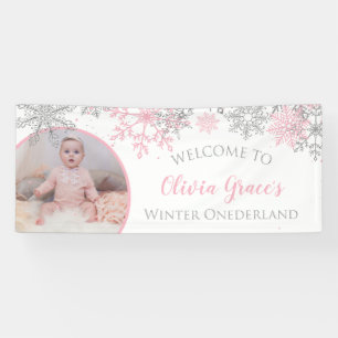 Banderoles Winter Onederland Pink and Silver Snowflakes Photo