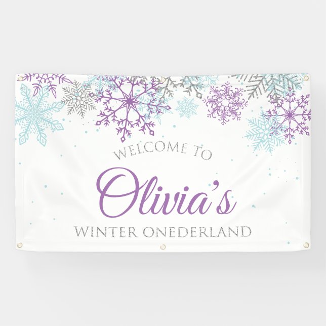 Banderoles Winter Onederland Purple Blue Anniversaire Bienven (Horizontal)