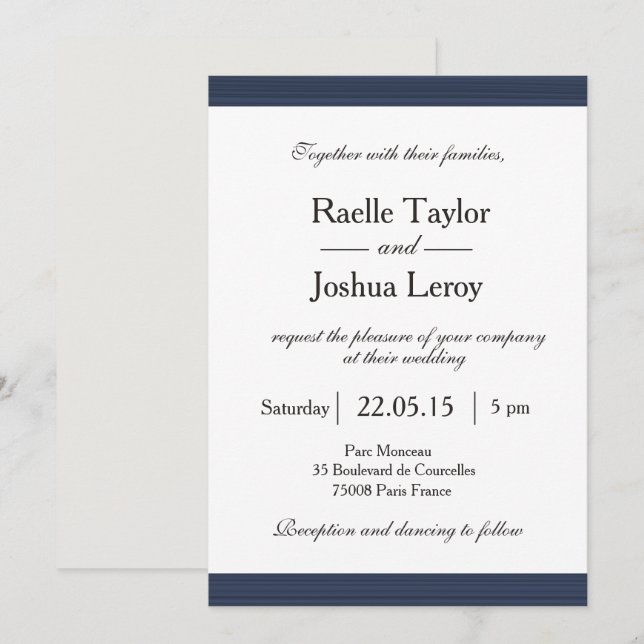 Bandes bleu marine blanc gris faire-part de mariag (Devant / Derrière)