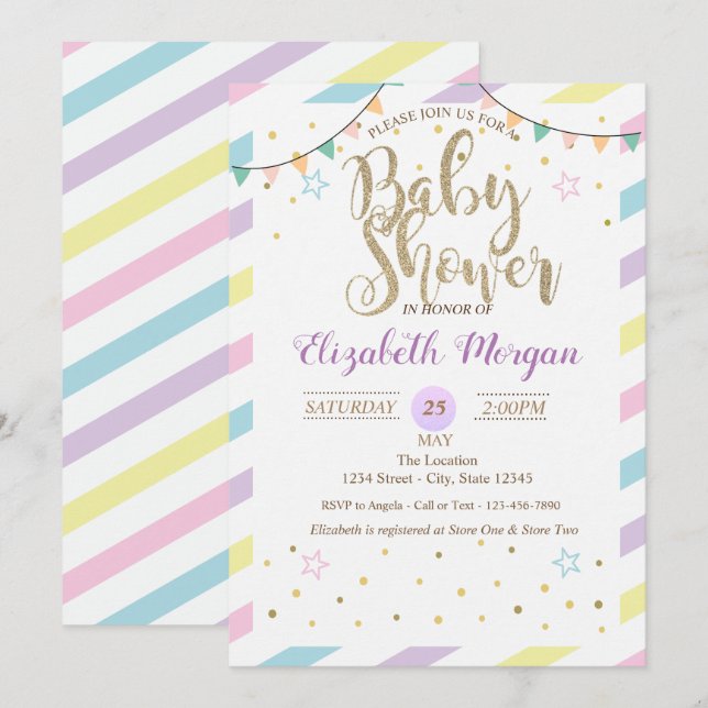 Bandes colorées, Étoiles Baby shower Invitation (Devant / Derrière)