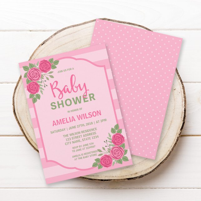 Bandes et Rose Rose Girl Baby shower Invitation (Créateur téléchargé)