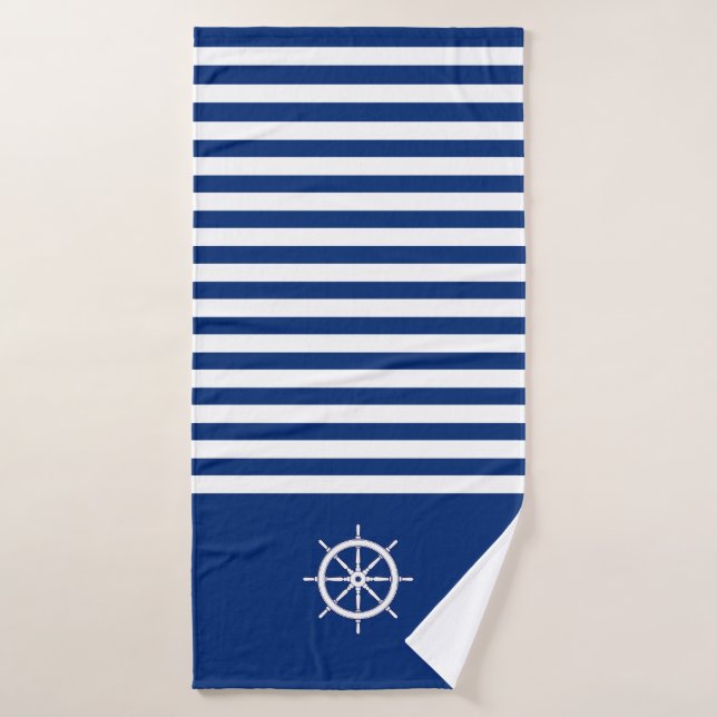 Bandes Nautiques+Navires Roue Bleu+Blanc (Serviette de bain)