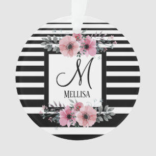 Bandes noires et blanches Monogramme floral rose