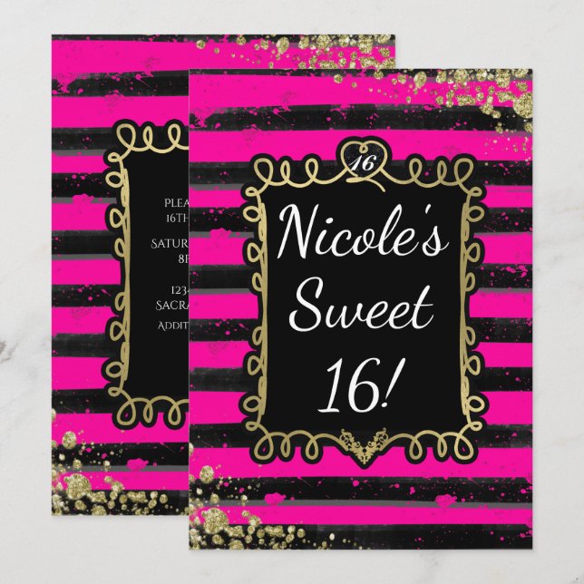 Bandes noires et roses Gold Foil Invitations (Devant / Derrière)