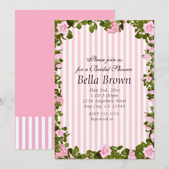 Bandes roses et blanches Élégantes Invitations chi (Devant / Derrière)