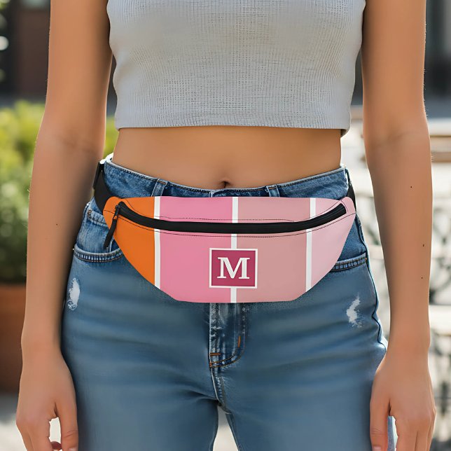 Bandes roses modernes avec Monogramme (girly pink stripes fanny pack with monogram)
