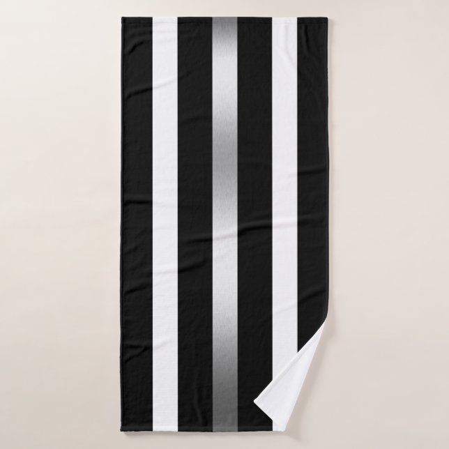 Bandes verticales en noir et blanc, accents argent (Serviette de bain)