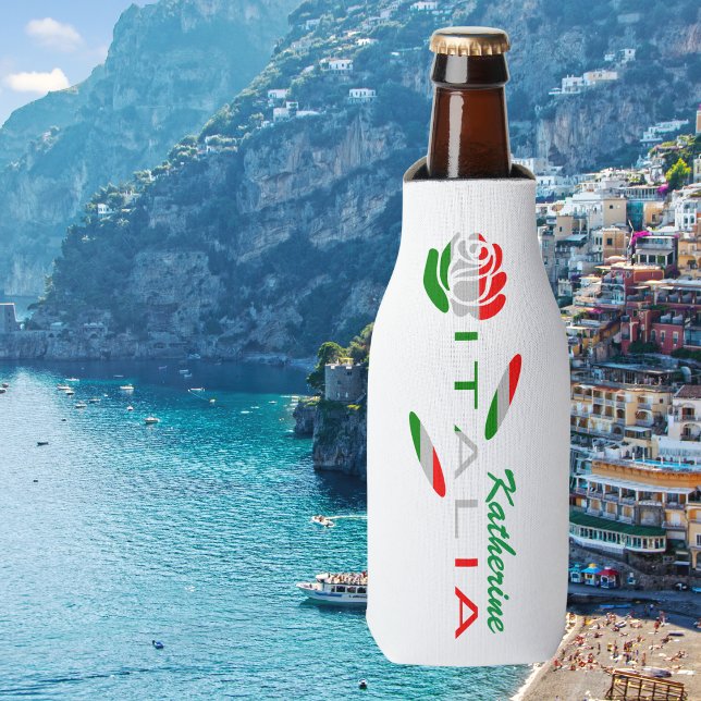 Bandiera d'Italia Rosa Personalized Bottle Cooler (Personalized bottle cooler wirh rose and ITALIA for stem in colors of the Italian flag.)