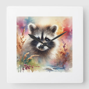 Bandit Racoon 080824AREF101 - Watercolor Square Wall Clock