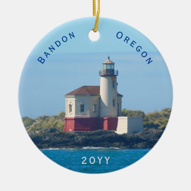 Bandon Lighthouse Oregon Dated Christmas Ceramic Ornament (Front)