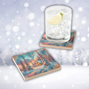 Banff Canada Watercolor Sketch Stone Coaster