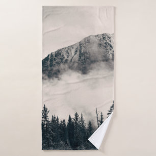 Banff national park foggy mountains and forest in bath towel