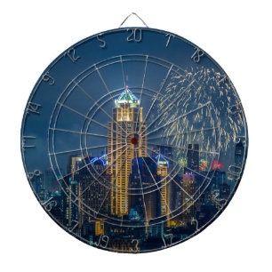 Bangkok skyline at new years eve night panorama dartboard