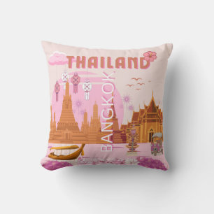 Bangkok Thailand Boho Retro Travel Poster Throw Pillow