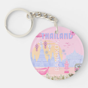 Bangkok Thailand Pastel Pink Blue Travel Poster Keychain