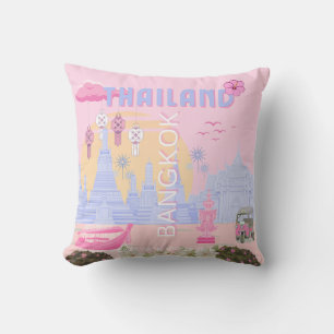 Bangkok Thailand Pastel Pink Blue Travel Poster Throw Pillow